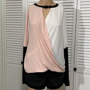 BCBGMaxAzria Pink, White & Black Draped Long Sleeve Top